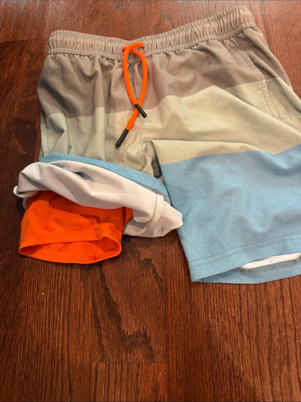 Kids Colorblock Swim Trunks in Blue, Tan & Cream with Orange Drawstring